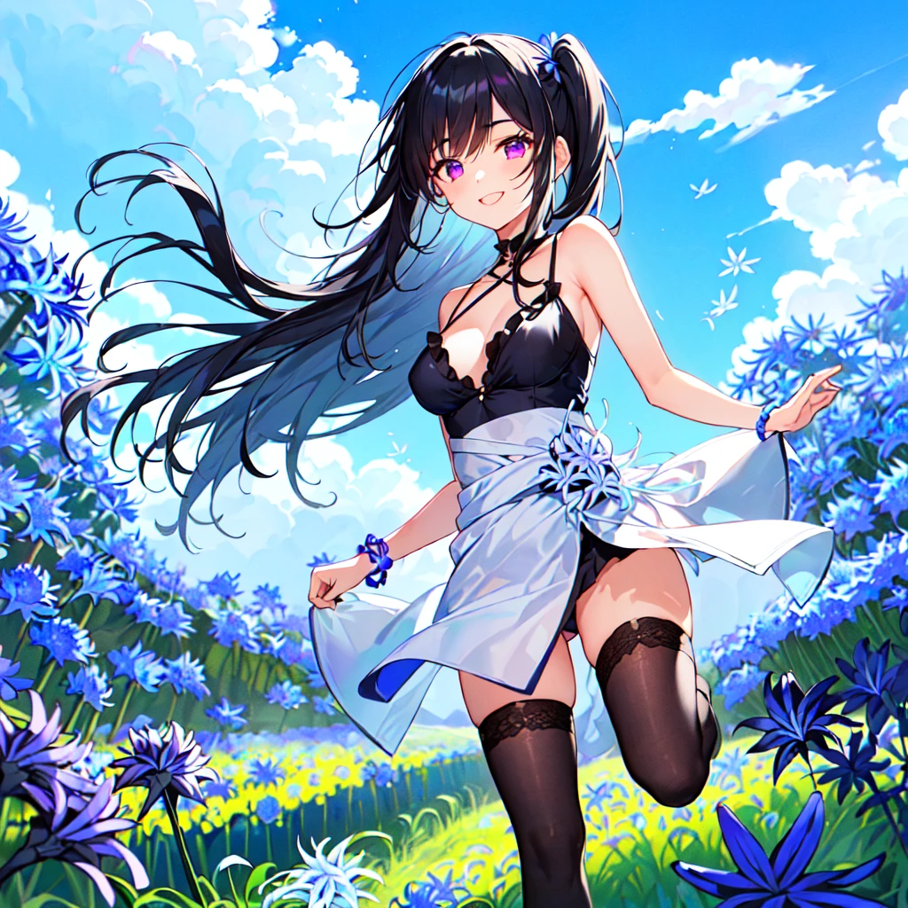 masterpiece, best quality, high quality, extremely detailed, very delicate and beautiful, (1 female 18 years old solo:1.5), (long black hair up to waist with two side up:1.5), bangs to eyebrows, eyes Eyebrows glossy, (eye color magenta:1.3), 6.5 head height, (agapanthus flower print summer fashion:1.3), knee socks, lace, frills, (smiling), (running:1.3), (smiling), (dynamic pose), (background agapanthus flower field:1.3), ( Blue sky:1.3)