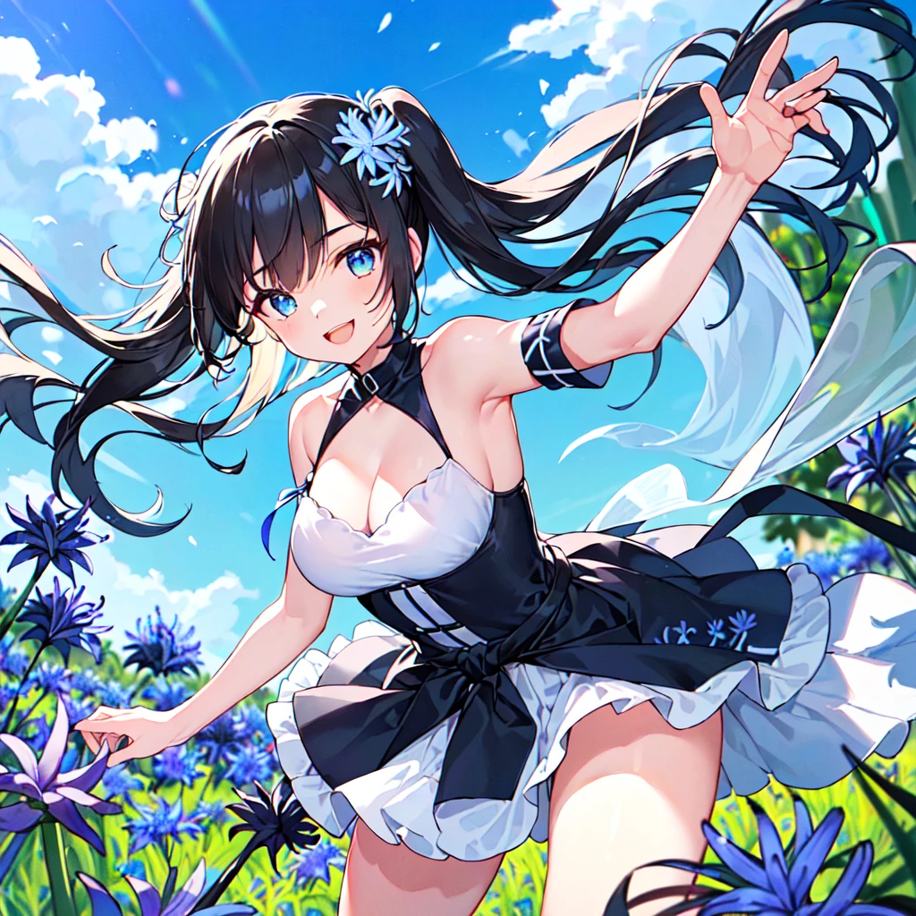 masterpiece, best quality, high quality, extremely detailed, very delicate and beautiful, (1 female 18 years old solo:1.5), (long black hair up to waist with two side up:1.5), bangs to eyebrows, eyes Eyebrows glossy, (eye color magenta:1.3), 6.5 head height, (agapanthus flower print summer fashion:1.3), knee socks, lace, frills, (smiling), (running:1.3), (smiling), (dynamic pose), (background agapanthus flower field:1.3), ( Blue sky:1.3)