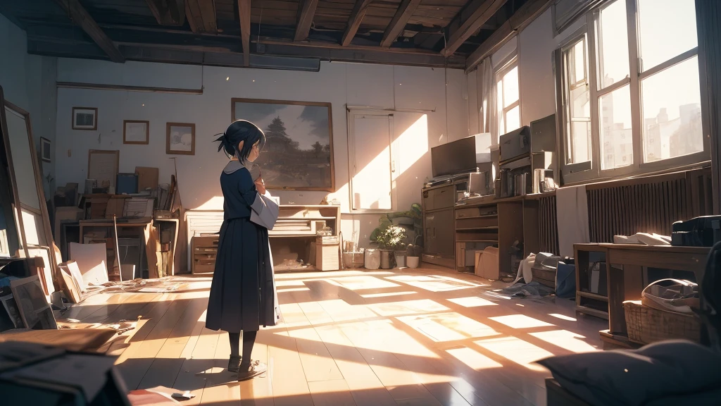 An anime girl standing alone in a dimly lit room, with a melancholic expression on her face. She is holding a photograph of someone she once admired, symbolizing her lost dreams and broken expectations. The background features a large window with city lights glowing faintly outside, casting a soft, somber glow into the room. Around her, there are scattered memories: old letters, a guitar, and a few personal items that hint at her past hopes and dreams. The atmosphere is filled with a sense of nostalgia and introspection, capturing the struggle of moving on from someone who failed to be the hero she envisioned. The lighting highlights her reflective mood, with shadows accentuating the depth of her emotions. The overall scene conveys a poignant mix of regret, realization, and the quiet strength needed to let go and move forward.
