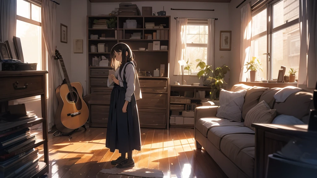 An anime girl standing alone in a dimly lit room, with a melancholic expression on her face. She is holding a photograph of someone she once admired, symbolizing her lost dreams and broken expectations. The background features a large window with city lights glowing faintly outside, casting a soft, somber glow into the room. Around her, there are scattered memories: old letters, a guitar, and a few personal items that hint at her past hopes and dreams. The atmosphere is filled with a sense of nostalgia and introspection, capturing the struggle of moving on from someone who failed to be the hero she envisioned. The lighting highlights her reflective mood, with shadows accentuating the depth of her emotions. The overall scene conveys a poignant mix of regret, realization, and the quiet strength needed to let go and move forward.