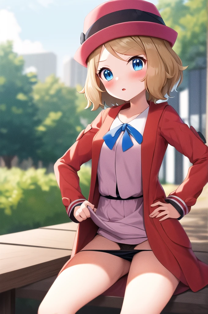 masterpiece, Highest quality, High resolution, Serena \(Pokemon\), short hair, blue eyes, One girl, alone, Blue Ribbon, eyelash, Black thighs, Neck ribbon, No sleeve, bangs, clavicle, Bare arms, Pink Dress, Red coat, Pink hat, Outdoor, Sitting, return, turning return to the viewer, Looking over your shoulder, surprise,blush, ((Lift up your skirt, Panty shot)), panties, 高品質panties, 赤いpanties, Hands on hips.