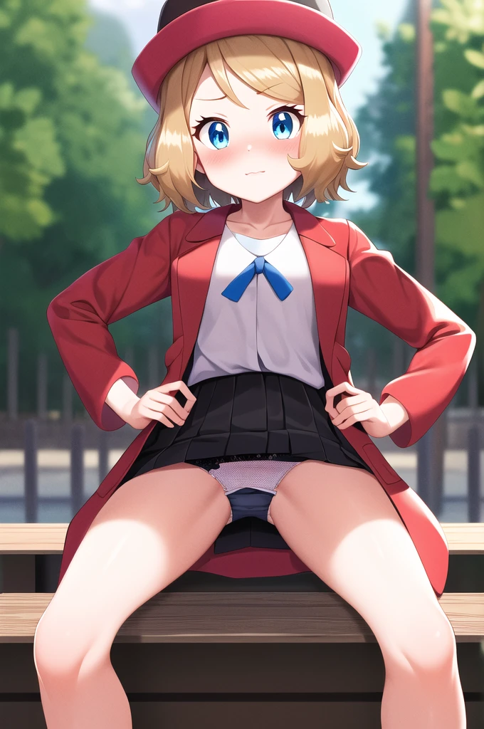 masterpiece, Highest quality, High resolution, Serena \(Pokemon\), short hair, blue eyes, One girl, alone, Blue Ribbon, eyelash, Black thighs, Neck ribbon, No sleeve, bangs, clavicle, Bare arms, Pink Dress, Red coat, Pink hat, Outdoor, Sitting, return, turning return to the viewer, Looking over your shoulder, surprise,blush, ((Lift up your skirt, Panty shot)), panties, 高品質panties,  赤いpanties, Hands on hips.