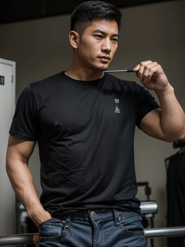 Handsome Asian man, technological primitive. The black shirt says "Thoriq", jeans, fine quality, nice photo, Side view, shooting 10 meters.