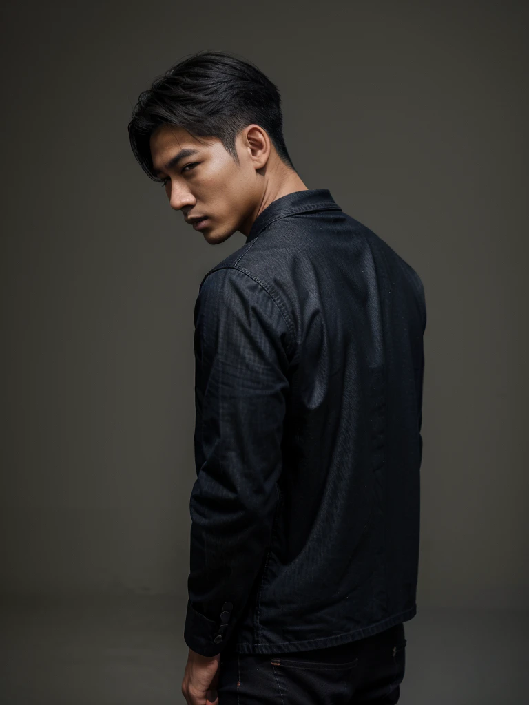 Handsome Asian man, technological primitive. The black shirt says "Thoriq", jeans, fine quality, nice photo, Side view, shooting 10 meters.