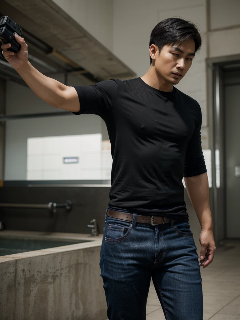 Handsome Asian man, technological primitive. The black shirt says (Thoriq), jeans, fine quality, nice photo, Side view, shooting 10 meters.