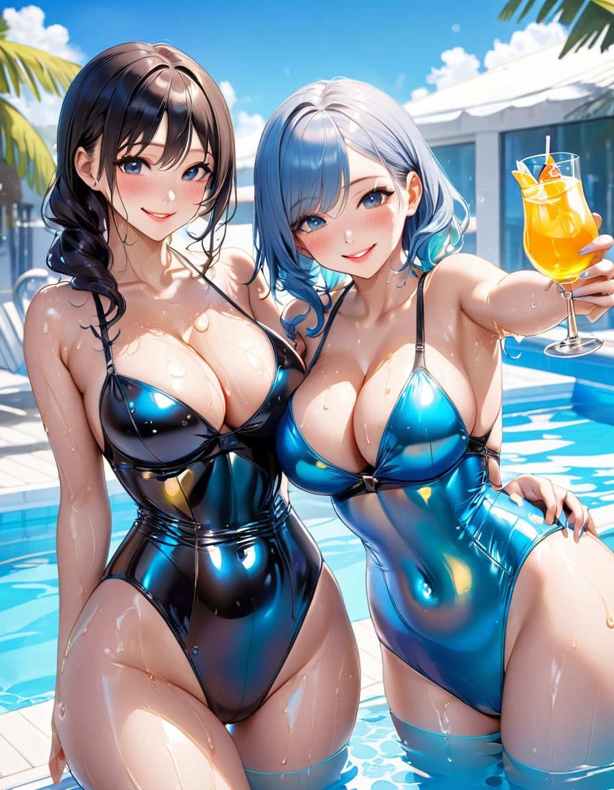Two young beautiful women,(Highest quality,Extremely detailed depiction,Incredibly absurd high resolution,Anatomically accurate depiction,Curvy Legs),(Glowing Skin,Shiny skin,Oilskin),Holding a glass of alcohol,Strong shiny latex swimwear,There is cleavage in the chest,Glossy Lips,In the pool,Happy smile,Sweat,Wet body,background:Lively pool party,blue sky