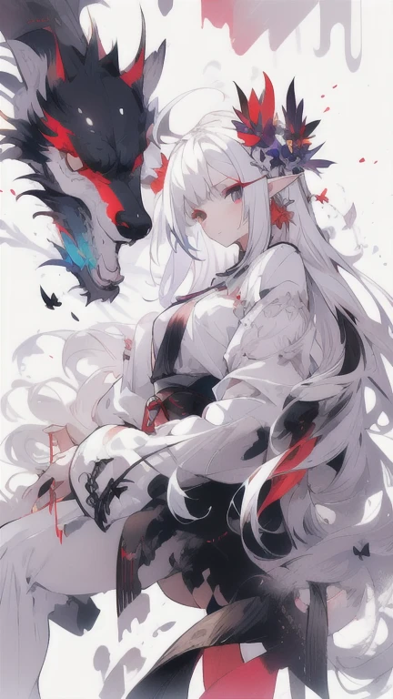 , (masterpiece:1.2), best quality,midjourney,
1girl, solo, long hair, white hair, looking at viewer, long sleeves, black dress, dress, own hands together, ahoge, very long hair, shirt, bangs, red hair, hair ornament, heterochromia, multicolored hair, pointy ears, purple eyes, white background, white shirt, closed mouth