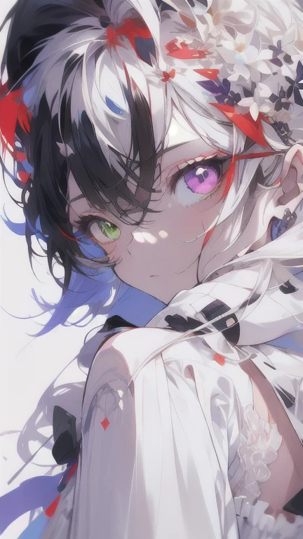 , (masterpiece:1.2), best quality,midjourney,
1girl, solo, long hair, white hair, looking at viewer, long sleeves, black dress, dress, own hands together, ahoge, very long hair, shirt, bangs, red hair, hair ornament, heterochromia, multicolored hair, pointy ears, purple eyes, white background, white shirt, closed mouth
 