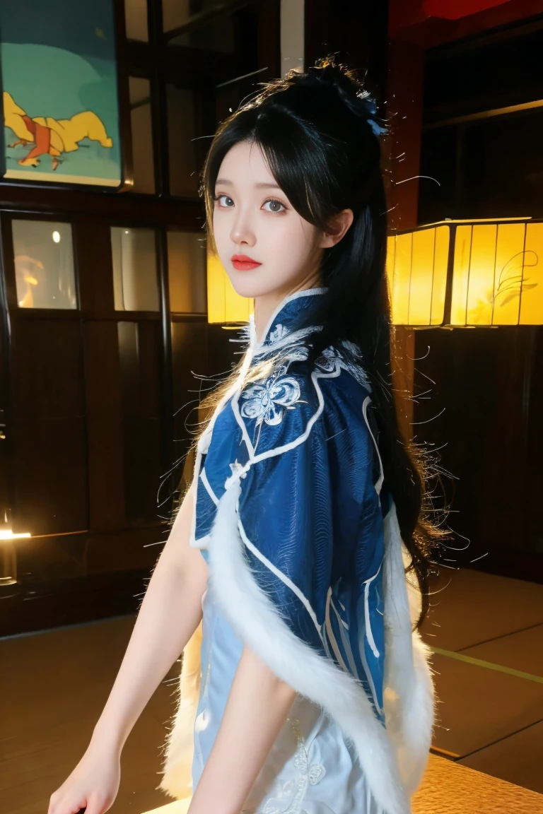 best quality, tmasterpiece,Ultra-high resolution,Clear face,(Reality:1.4),ferpect lighting,(upper body), (photorealistic:1.50), anime wallpaper, Guviz style artwork, cover-up fantasy up to magic , by Yang J, Guviz, beautiful artwork illustration, beautiful digital artwork, beautiful digital illustration, Li Song, beautiful anime portrait, art style in Beauvot, 1girl, 独奏,cosplay, looking at the audience,
long hair, black hair, hair bun, blue eyes, Chinese dress,
Outdoor, grassland, park, Garden, (standing:1.5), night sky, (looking at viwer:1.3),