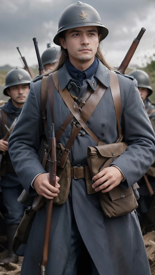 (masterpiece), best quality, expressive eyes, perfect face, All quiet on western Front, man, trenches, dirty, uniform, realistic, HD, Rifle, Orlando Bloom, big bag, French army, regiment, France, defending position, pov, Far view