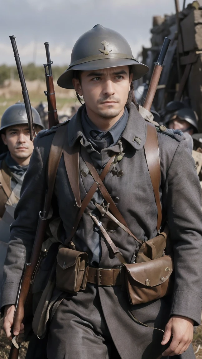 (masterpiece), best quality, expressive eyes, perfect face, All quiet on western Front, man, trenches, dirty, uniform, realistic, HD, Rifle, Orlando Bloom, big bag, French army, regiment, France, defending position, pov, Far view