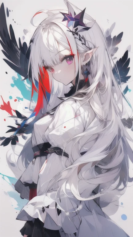 , (masterpiece:1.2), best quality,midjourney,
1girl, solo, long hair, white hair, looking at viewer, long sleeves, black dress, dress, own hands together, ahoge, very long hair, shirt, bangs, red hair, hair ornament, heterochromia, multicolored hair, pointy ears, purple eyes, white background, white shirt, closed mouth