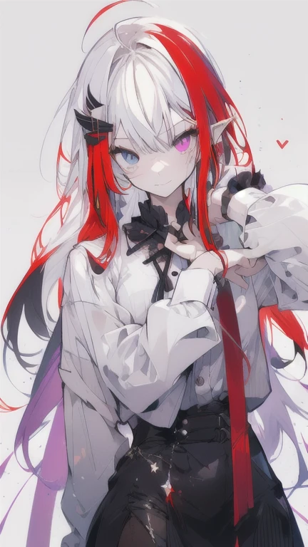 , (masterpiece:1.2), best quality,midjourney,
1girl, solo, long hair, white hair, looking at viewer, long sleeves, black dress, dress, own hands together, ahoge, very long hair, shirt, bangs, red hair, hair ornament, heterochromia, multicolored hair, pointy ears, purple eyes, white background, white shirt, closed mouth