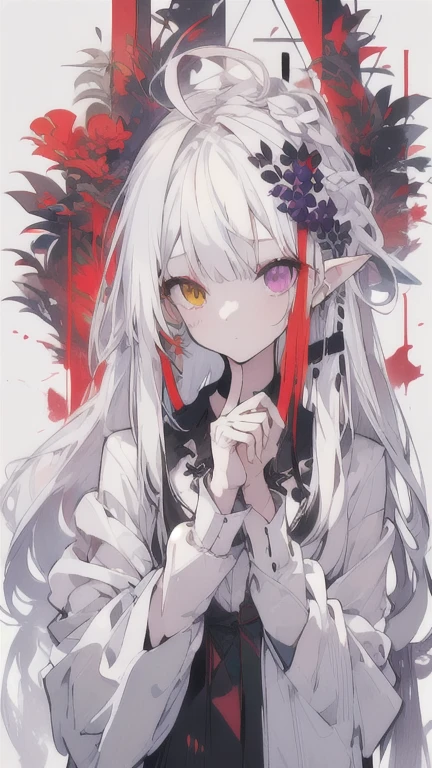 , (masterpiece:1.2), best quality,midjourney,
1girl, solo, long hair, white hair, looking at viewer, long sleeves, black dress, dress, own hands together, ahoge, very long hair, shirt, bangs, red hair, hair ornament, heterochromia, multicolored hair, pointy ears, purple eyes, white background, white shirt, closed mouth
 