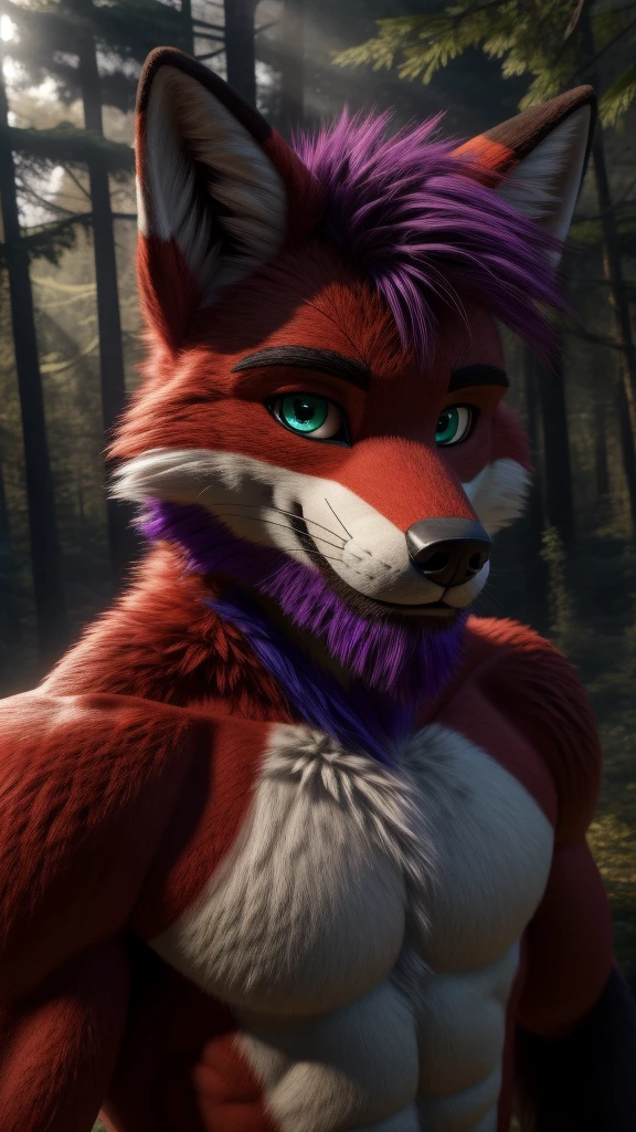 A fursuit Fox male muscular red fur muzzle Blue green eyes and purple hair alone in a nude forest looking at the viewer seductive smile detailed face and roof body A beard young adult 33 years old 4D Unreal Engine 9