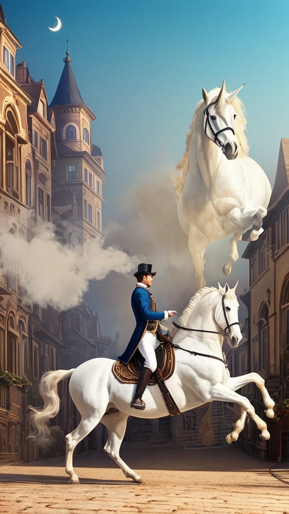 A Prince Charming riding a white horse, but the horse is a unicorn. The unicorn is walking in a city with Victorian-style townhouses, which have prominent balconies and numerous stairs. The prince is in the center of the image, with his colors matching the background to avoid too much contrast. A crescent moon is above, with its light shining on the prince riding the white horse. The upper part of the Victorian-style townhouses has a faint bluish fire burning. The overall tone of the image is slightly dark but warm, mysterious yet intriguing. The image should be realistic, not cartoonish.