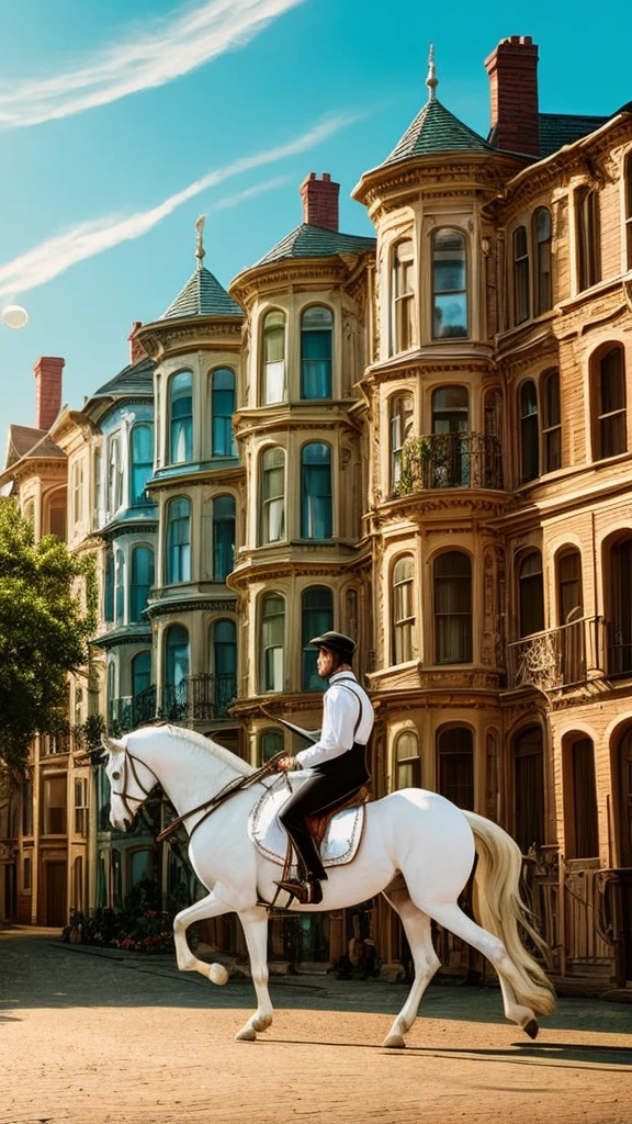 A Prince Charming riding a white horse, but the horse is a unicorn. The unicorn is walking in a city with Victorian-style townhouses, which have prominent balconies and numerous stairs. The prince is in the center of the image, with his colors matching the background to avoid too much contrast. A crescent moon is above, with its light shining on the prince riding the white horse. The upper part of the Victorian-style townhouses has a faint bluish fire burning. The overall tone of the image is slightly dark but warm, mysterious yet intriguing. The image should be realistic, not cartoonish.