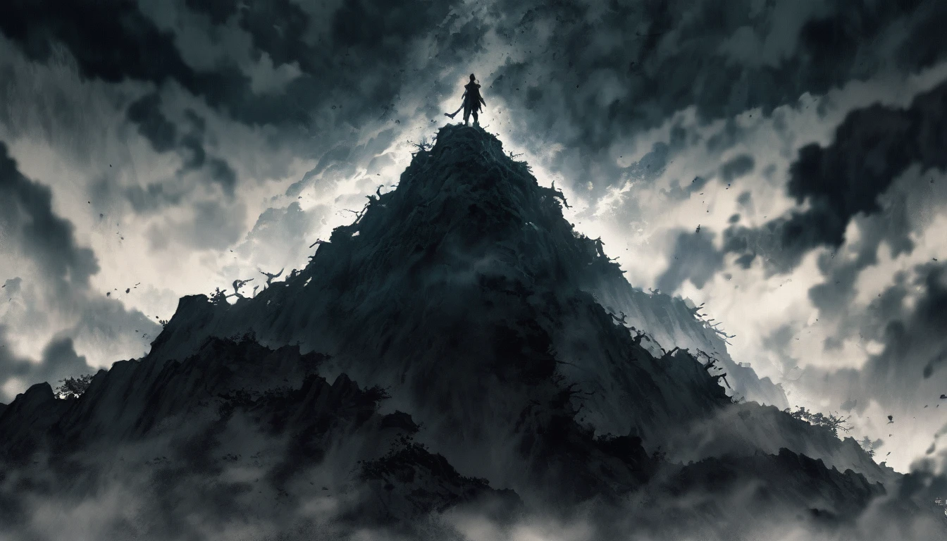 Create an anime-style image inspired by the following song lyrics. The image should feature at least one anime character standing on the edge of a cliff, staring into an abyss with mist swirling around. The character should have a determined expression, symbolizing their struggle and resilience. Scars or other signs of past battles should be visible on the character. In the background, incorporate elements of a dark, stormy environment, possibly with shadows or demons lurking to represent inner demons. The overall theme should convey a sense of rising above challenges and finding strength and redemption. Ensure the image captures a mix of darkness and hope, reflecting the themes of the song