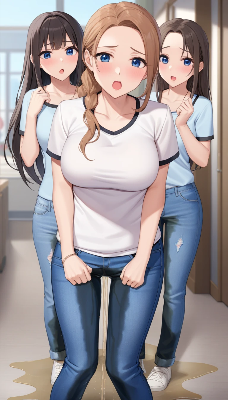 nsfw, masterpiece, best quality, high resolution, 3girls at the age of 20 year, (jeans pants), full body, (topless), (barefeet), blush, worried, open mouth, restroom, ((((((big pee stain))))))