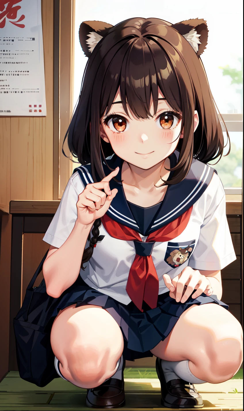 、smile、Tanuki girl、high school 、uniform、Serafuku、squat、(Small breasts)