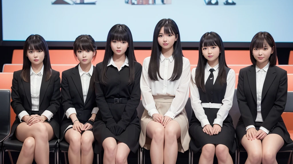 ((Highest quality, 8K, Masterpiece Details, Ultra-high resolution)), (Group photo),(Looking at the audience), (Full Shot:), 魅力的なビジネス 5-peopleのwoman, 5-people, Slightly thicker:0.25, (((woman))), Seductive look, loose bangs, White collared shirt, Grey Skirt, (sit cross-legged at one&#39;s desk in the office)), ((Ultra-realistic sheer black pantyhose:1.5)), smile, CEO's Office,