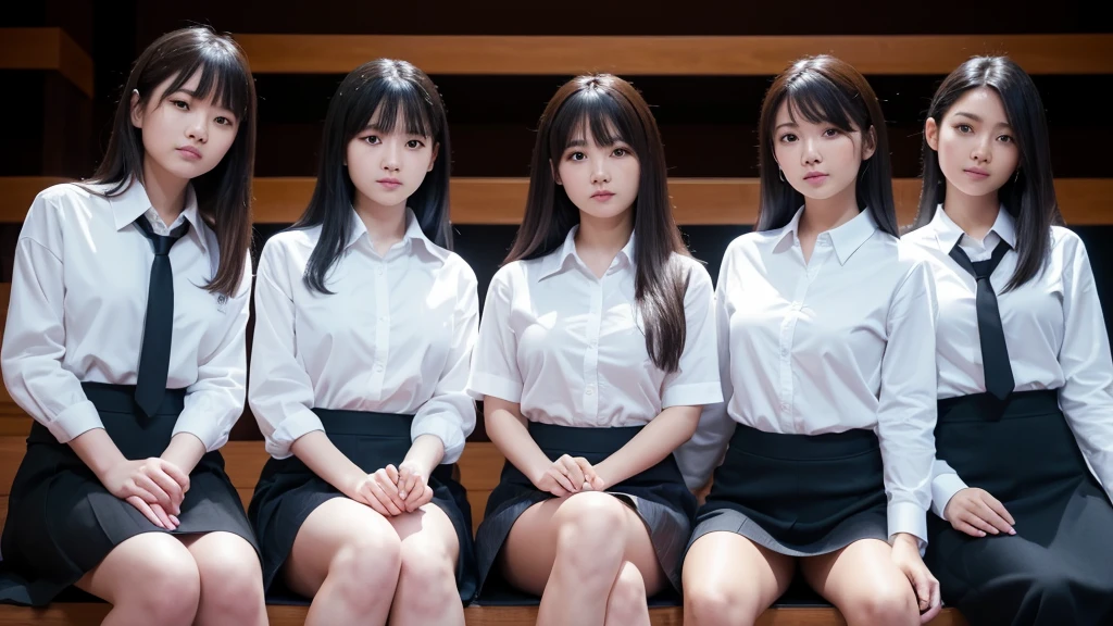 ((Highest quality, 8K, Masterpiece Details, Ultra-high resolution)), (Group photo),(Looking at the audience), (Full Shot:), 魅力的なビジネス 5-peopleのwoman, 5-people, Slightly thicker:0.25, (((woman))), Seductive look, loose bangs, White collared shirt, Grey Skirt, (sit cross-legged at one&#39;s desk in the office)), ((Ultra-realistic sheer black pantyhose:1.5)), smile, CEO's Office,