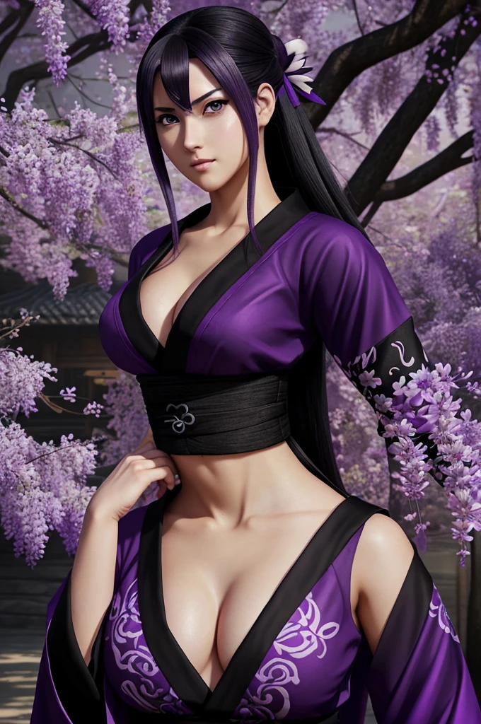 Naruto Shippuden screencrap of a female in a purple and black yukata with wisteria pattern, a character portrait including heart shape face, purple eyes, straight black long hair, big and sexy body, fantasy art, beautiful character painting, purple and black shinobi outfit, epic and exquisite character art, stunning character art, beautiful female shinobi.
