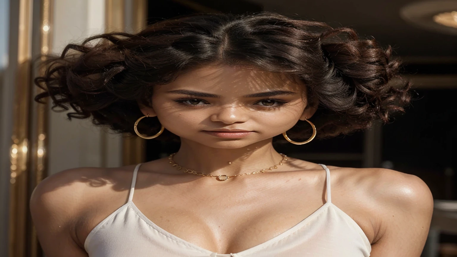 A stunning, high-resolution photograph of a 20-year-old Brazilian Black influencer exuding confidence and elegance. Her breathtaking afro is the focal point, framing her large, expressive eyes and long eyelashes. The influencer wears minimal, natural makeup, showcasing a flawless nude lipstick that complements her effortless, chic style. She dons elegant gold hoop earrings and a delicate necklace, embodying refined sophistication. The clean backdrop and soft, natural lighting accentuate her radiant brown skin, solidifying her reputation as an influential fashion icon. The photograph captures a cinematic essence, making it an unforgettable, inspiring image., photo
