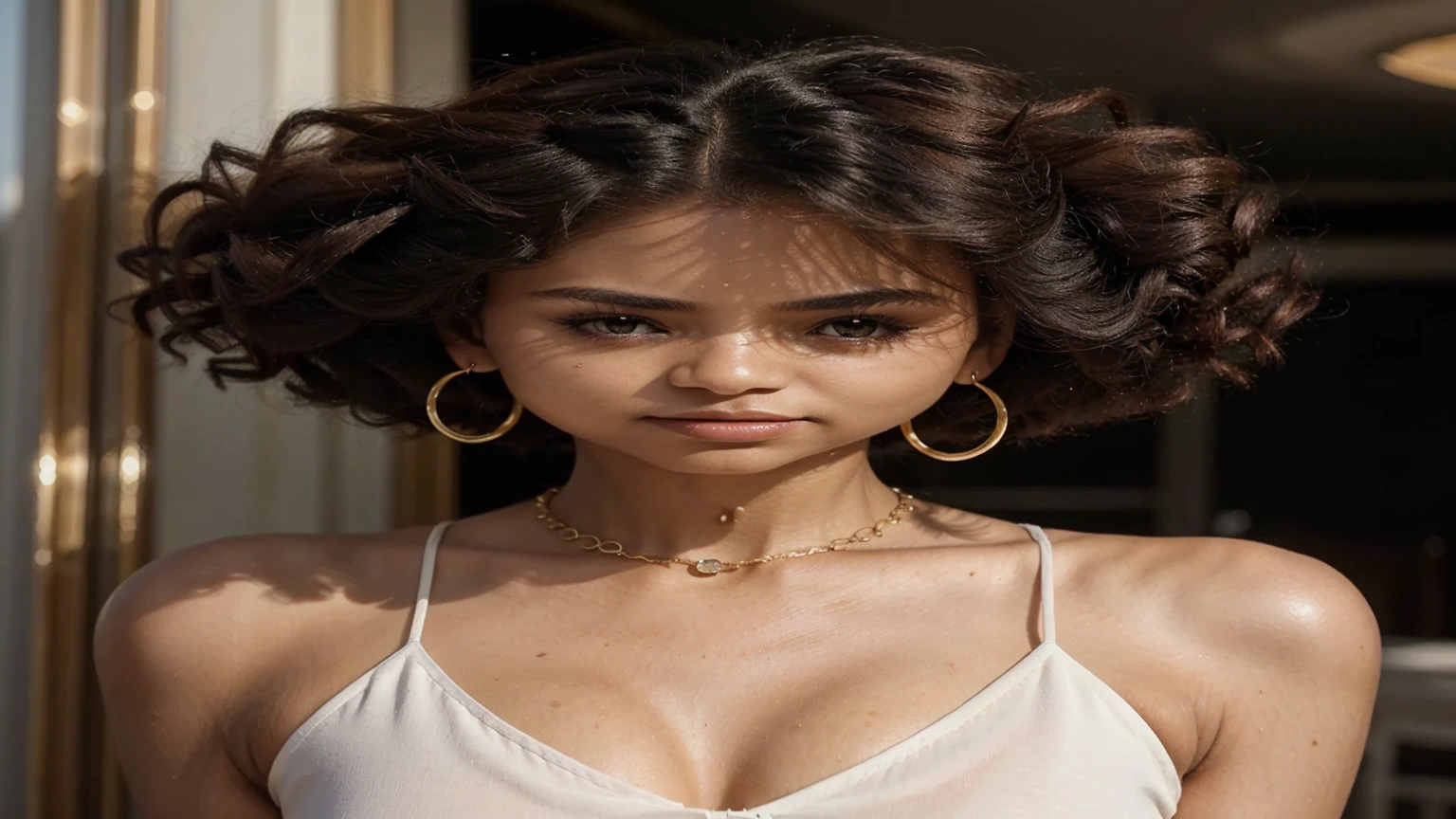 A stunning, high-resolution photograph of a 20-year-old Brazilian Black influencer exuding confidence and elegance. Her breathtaking afro is the focal point, framing her large, expressive eyes and long eyelashes. The influencer wears minimal, natural makeup, showcasing a flawless nude lipstick that complements her effortless, chic style. She dons elegant gold hoop earrings and a delicate necklace, embodying refined sophistication. The clean backdrop and soft, natural lighting accentuate her radiant brown skin, solidifying her reputation as an influential fashion icon. The photograph captures a cinematic essence, making it an unforgettable, inspiring image., photo