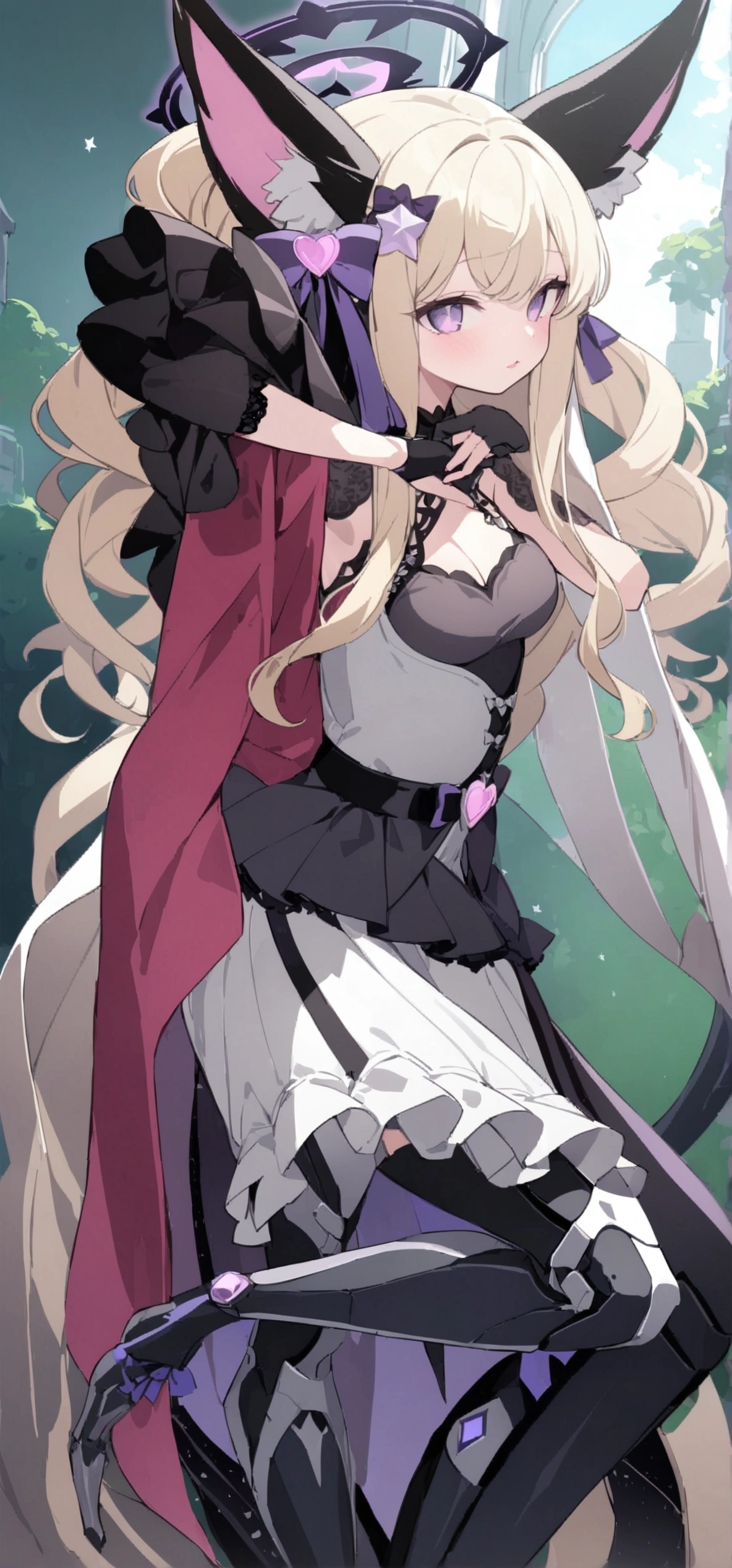 Woman 17 years old, 170cm tall, medium chest, wide hip. (character design sheet: front view). (Blonde hair with pink details, waist-length curly wavy hair with a short center strand, She has a short braid tied with an elegant purple bow on the left side of her hair.. She has a short braid tied with an elegant purple bow on the right side of her hair. She has small ribbons in the back of her hair.). Gray eyes with a purple 4-pointed star in the pupil. Two black and purple serval ears located on the top of the head. Luminous black halo with purple star patterns above his head. black necklace with heart emblem on the neck. (Elegant one-piece long dress with lace and ruffle skirt, ribbon decorations and star patterns on the dress). black gloves. gray belt at the waist with a large ribbon with a luminous pink heart in the middle. It has a succubus tail with a small purple star on the tip. (It has complex mechanical legs that reach up to the thighs and are black with small purple details.). beautiful detailed hair, beautiful detailed dress. extremely detailed arms. extremely detailed face, small face, Beautiful detailed eyes, beautiful detailed lips. adorable. extremely detailed legs. (Best Quality, 4k, 8k, high resolution), ultra detailed, Exquisite and epic character art.