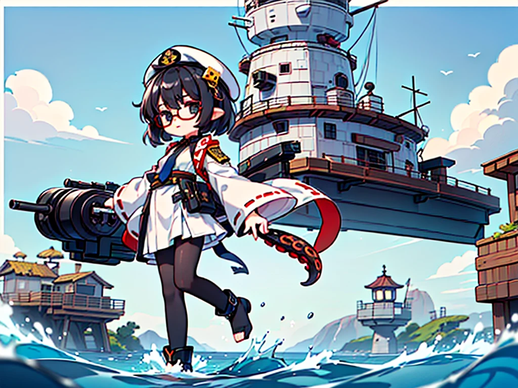 (((masterpiece, Vision))), ((((Full body of a woman with perfect flat chest、1 Female、solo、Short unkempt black hair、Tie your messy hair at the nape of your neck、white military jacket、Miko costume、black tights、Black glasses are black、White military cap、Cloudy black eyes、Confused eyes、Junyo-inspired emblem)))), (((Shipgirl))), ((Floating on the morning sea with both feet)), (Standing with your legs apart)), Aim, (Hold the shotgun turret grip with your right hand), (Four mechanical tentacles covered in white armor extend from its back.), (Mechanical tentacles holding machine guns), (Equipped with a bridge on the back), (His left arm holds the grip of a triple machine gun),