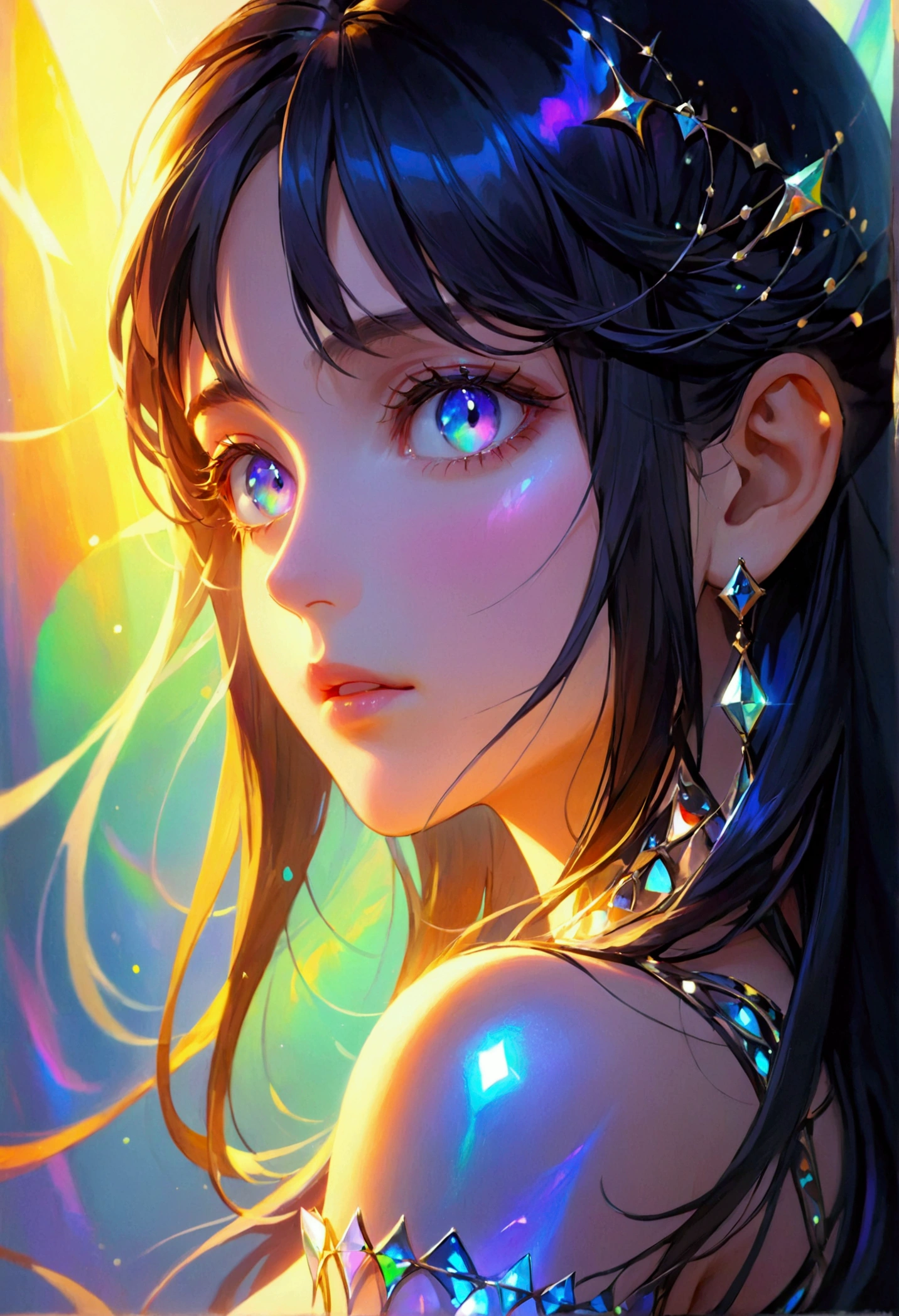 (masterpiece), best quality, expressive eyes, perfect face, Girl,long dark iridescent hair, iridescent eyes,hour glass figure