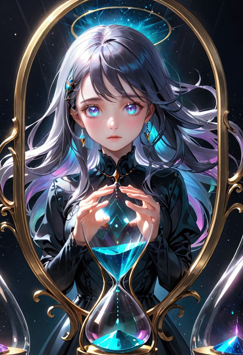 (masterpiece), best quality, expressive eyes, perfect face, Girl,long dark iridescent hair, iridescent eyes,hour glass figure