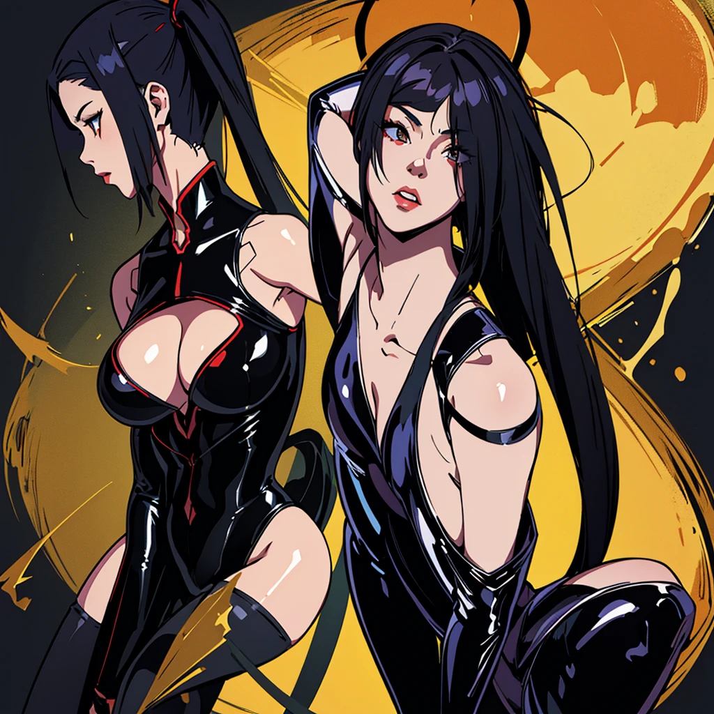 masterpiece, Best quality, Super exquisite original painting, masterpiece, high quality, High Detail,Game character portraits,Black hair ponytail,Huge breasts,Shiranui（To the devil)，Latex Ninja Vest,Slender，