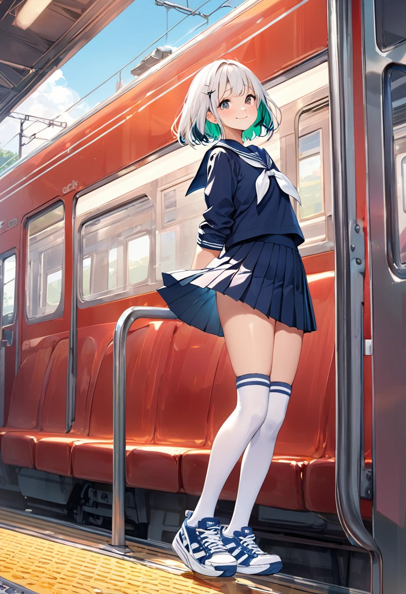BREAK Perfect Anatomy、(High resolution:1.2)、Incredible illustrations、(Cute illustrations:1.2)、
(Beautiful background(on the train))
1little girl(multicolored hair,short hair)
1girl((a girl, 1.5meters, 35kg,18 years old female, ((serafuku,pleated skirt,thigh-high socks, sneakers),tilting head,light smile