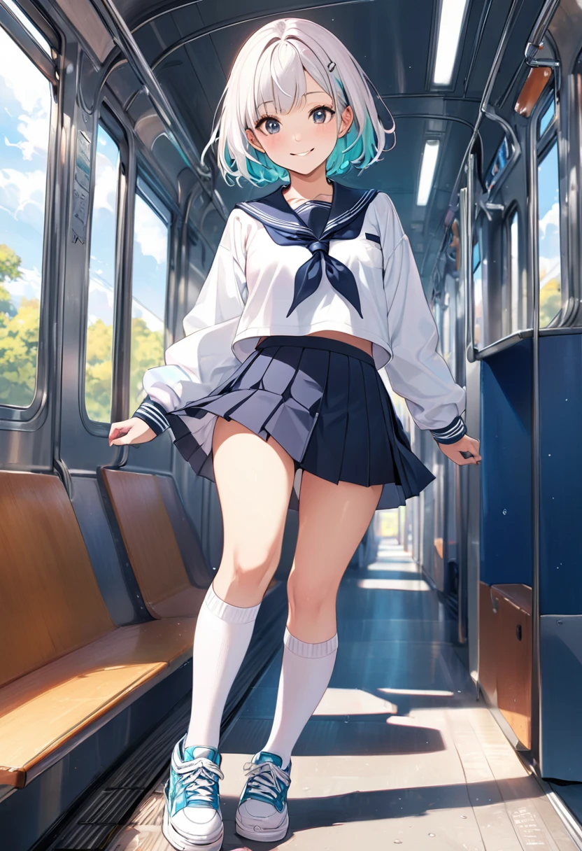 BREAK Perfect ???????、(High resolution:1.2)、Incredible illustrations、(Cute illustrations:1.2)、
（Beautiful background（on the train))
 1little girl(multicolored hair,short hair)
1girl((a girl, 1.5meters, 35kg,18 years old female, ((serafuku,pleated skirt,thigh-high socks, sneakers),tilting head,light smile