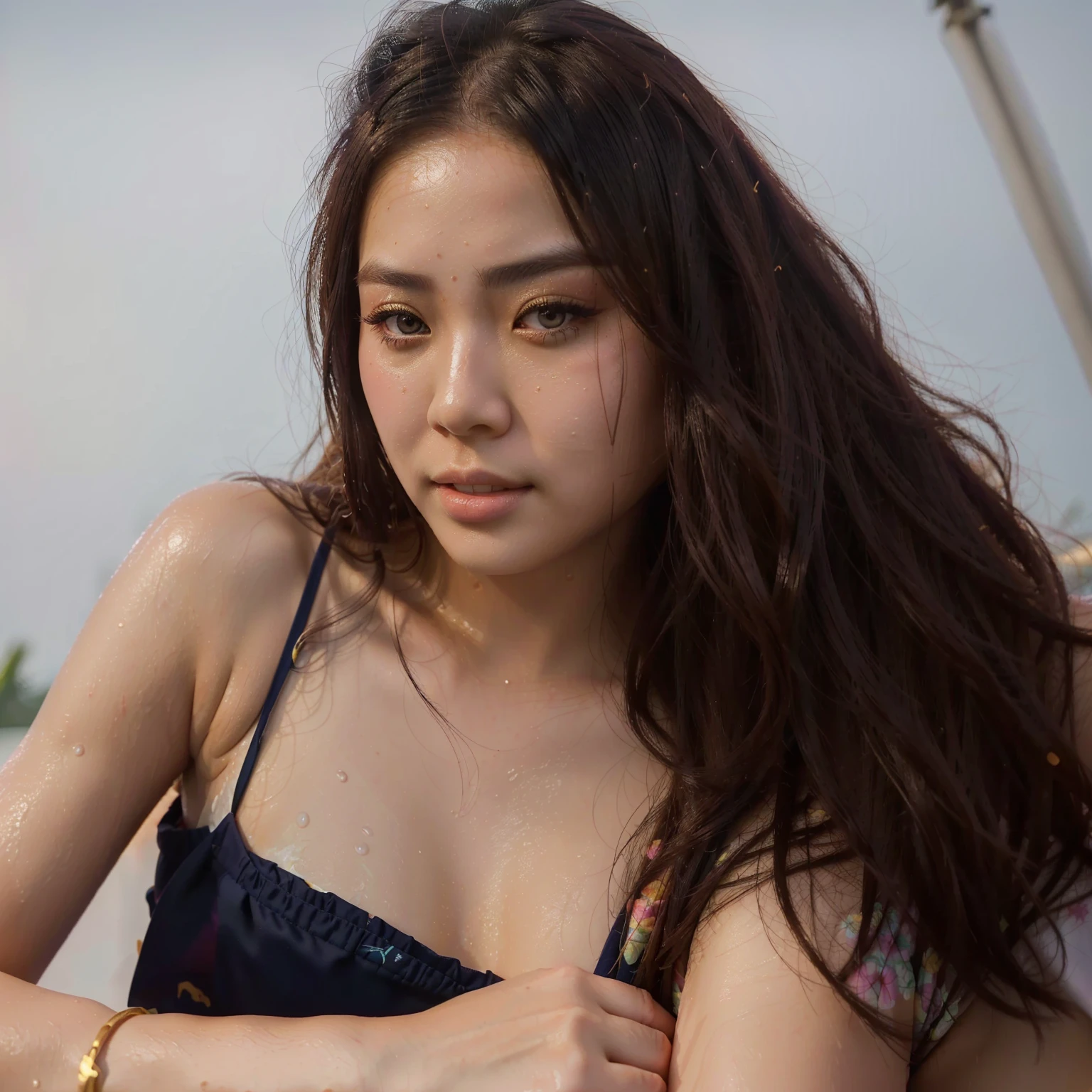 a beautiful detailed Chinese girl, poolside party, big expressive eyes, detailed face, long eyelashes, light makeup, pink floral swimsuit, wet hair, water splashing, tropical palm trees, colorful umbrellas, golden hour lighting, vibrant colors, cinematic composition, photorealistic, 8k, high quality, trending on artstation