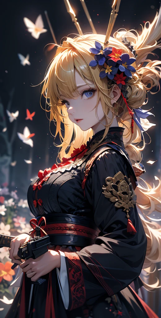 masterpiece, high quality, 4K, Beautiful design, silhouette,blonde, 非常に詳細な夜のStarry Sky,Flower Field, wonderful, Finer details, Very knowledgeable woman, Highly detailed solo, 1 female,Big Breasts,Red Gothic Lolita Fashion,2Hold the gun in front of your chest.,Night view,Starry Sky,full moon,