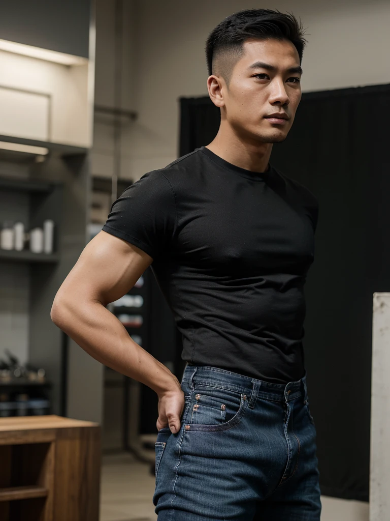 Handsome Asian man, technological primitive. The black shirt says (Thoriq), jeans, fine quality, nice photo, Side view, shooting 10 meters.