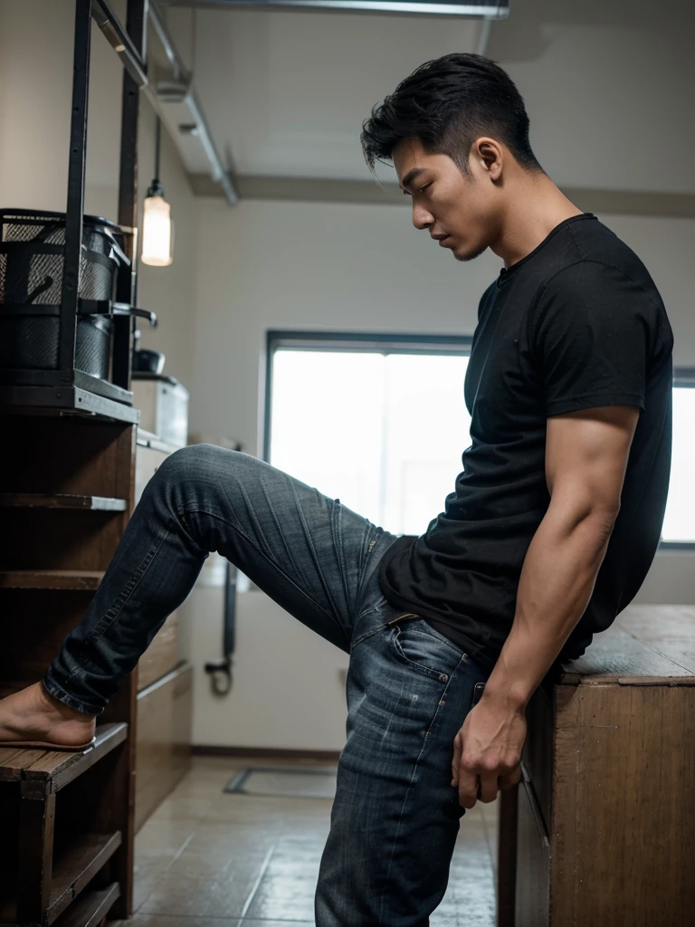 Handsome Asian man, technological primitive. The black shirt says (Thoriq), jeans, fine quality, nice photo, Side view, shooting 10 meters.
