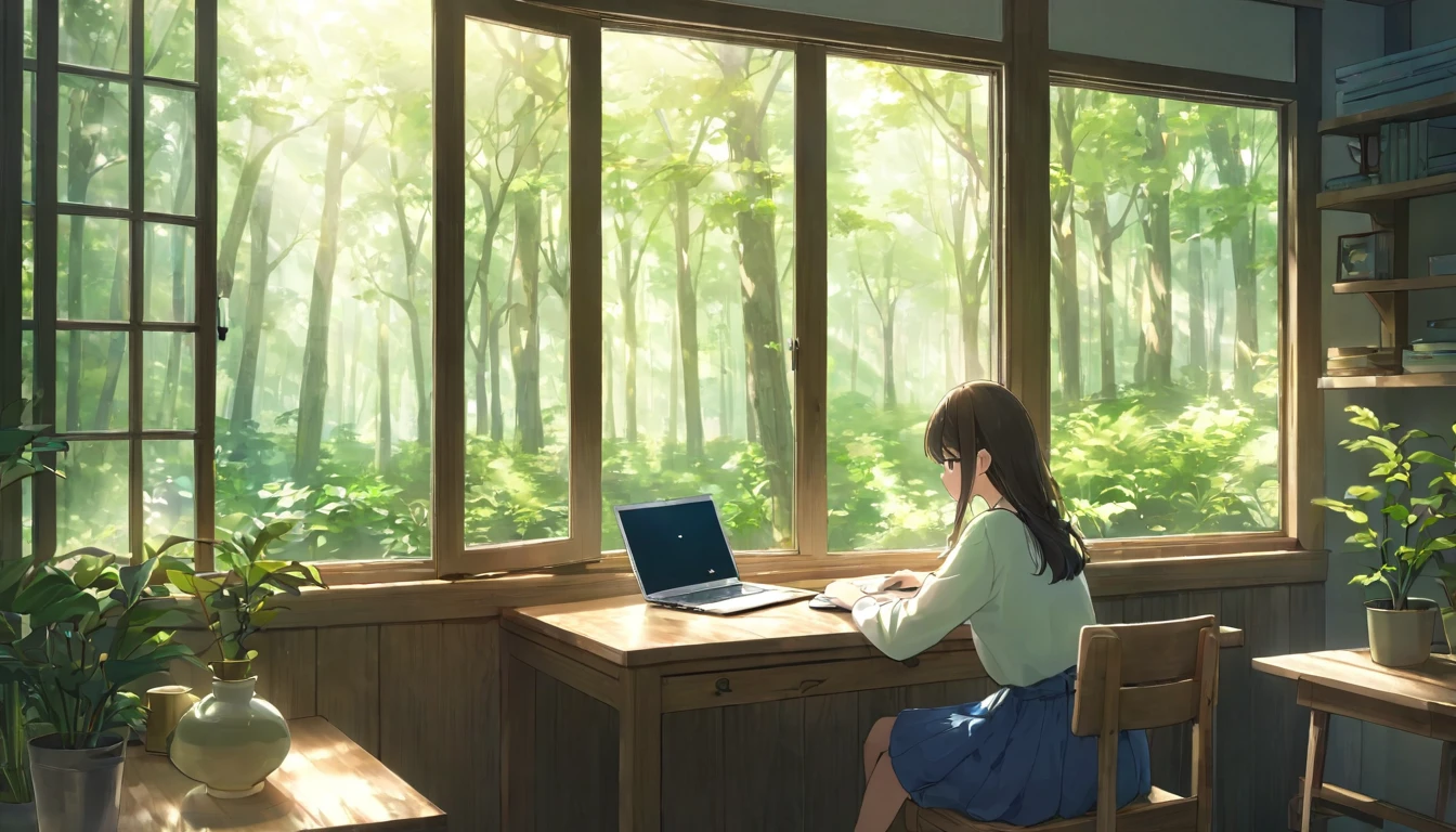 Window seat、Profile of a girl working on a laptop on a table、Outside the window is a forest in early summer、A table by the window in a cute room、