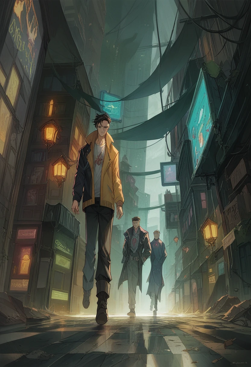 anime scene of a man and a woman walking through a city, stylized urban fantasy art, in the city of fantasy and science fiction, Cyberpunk dark fantasy art, Cyberpunk dark fantasy, arte inicial de shadowrun, fantasia cyberpunk terror, centralized urban fantasy, Direction: Tyler Jacobson, Harry Potter em Cyberpunk, pino daeni e dan mumford, award winning concept artist, cgsociety contest winner