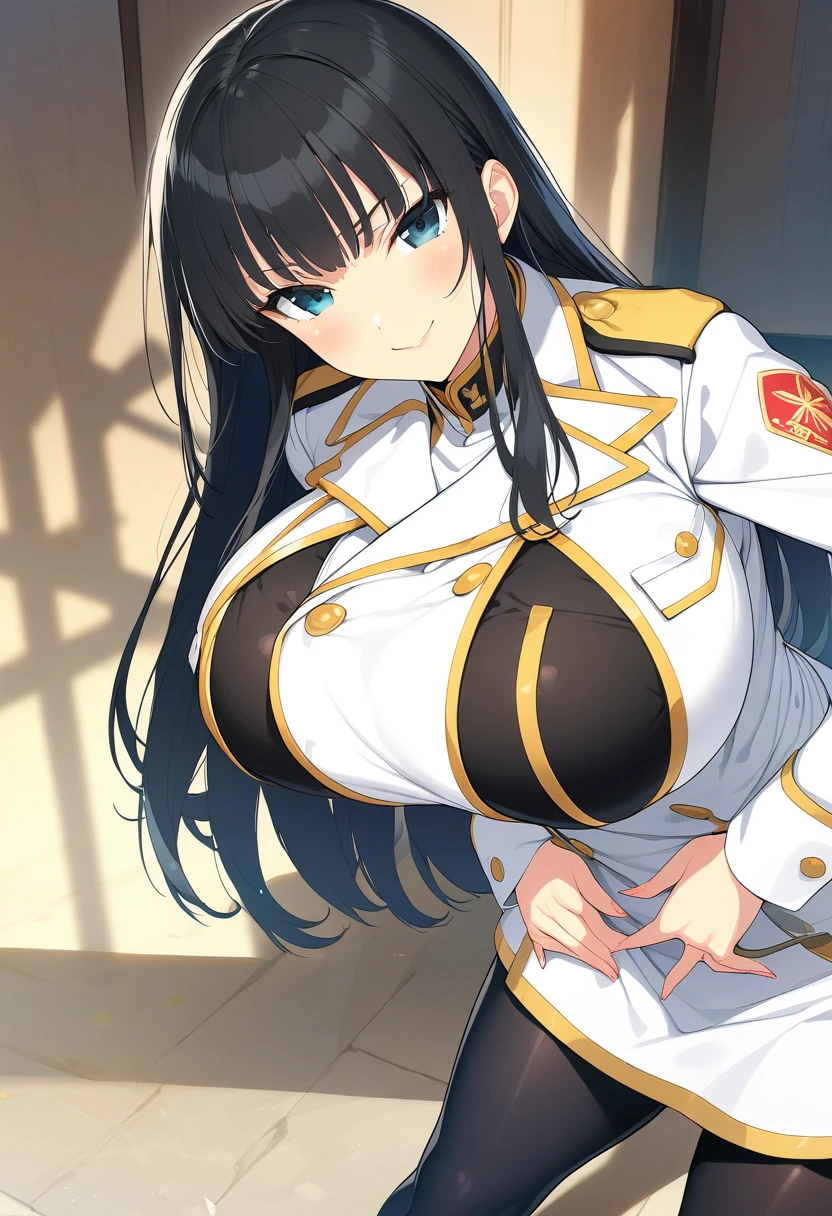 Atago (Azur Lane), female, alone, long hair, breasts, looking at viewer, blushing, smiling, bangs, skirt, large breasts, simple background, black hair, knee-high socks, gloves, long sleeves, white background, ribbon, animal ears, hair ribbon, yellow eyes, thighs, belt, black knee-high socks, white gloves, miniskirt, mole, uniform, side view, zettai ryouiki, military, mole under eye, uniform, skin dent, leaning forward, garter straps, white skirt, bending over, white ribbon, extra ear, pencil skirt, messy hair,, pubic hair sticking out, pubic hair sticking out, nipples erect, nipples erect, bulging vibrator cord, vibrator with garters, pussy visible, vaginal opening visible, vagina visible, vulva visible