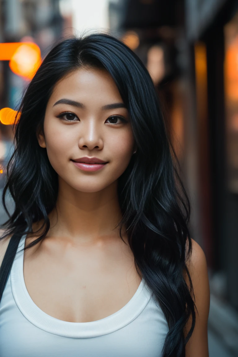arafed woman with black hair with blue high lights, walking in the city, flowing black hair, with black hair, photo of a beautiful woman, long flowing black hair, pink golden hour, curly black hair, beautiful young asian woman, beautiful asian woman, wild ginger hair, black wispy hair, black hair, a young asian woman, an asian woman, infp young woman, Portrait photo of a 24-year-old french girl in RAW UHD format (Black-eyed woman) Walk down the dark alley, night city, Details (textures! , Hair! , glistering, Color!! , imperfections: 1.1), highly detailed glossy eyes (looking at the camera), DSLR Lighting, SLR camera, Ultra-Quality, sharpness, Depth of field, Film grain (Downtown), Fujifilm XT3, Crystal clear, Frame Center, beatiful face, sharp-focus, lighting, (lit), day time, (open sky), detailed skin pores, oilly skin, suntan, Complex eye details, smiling