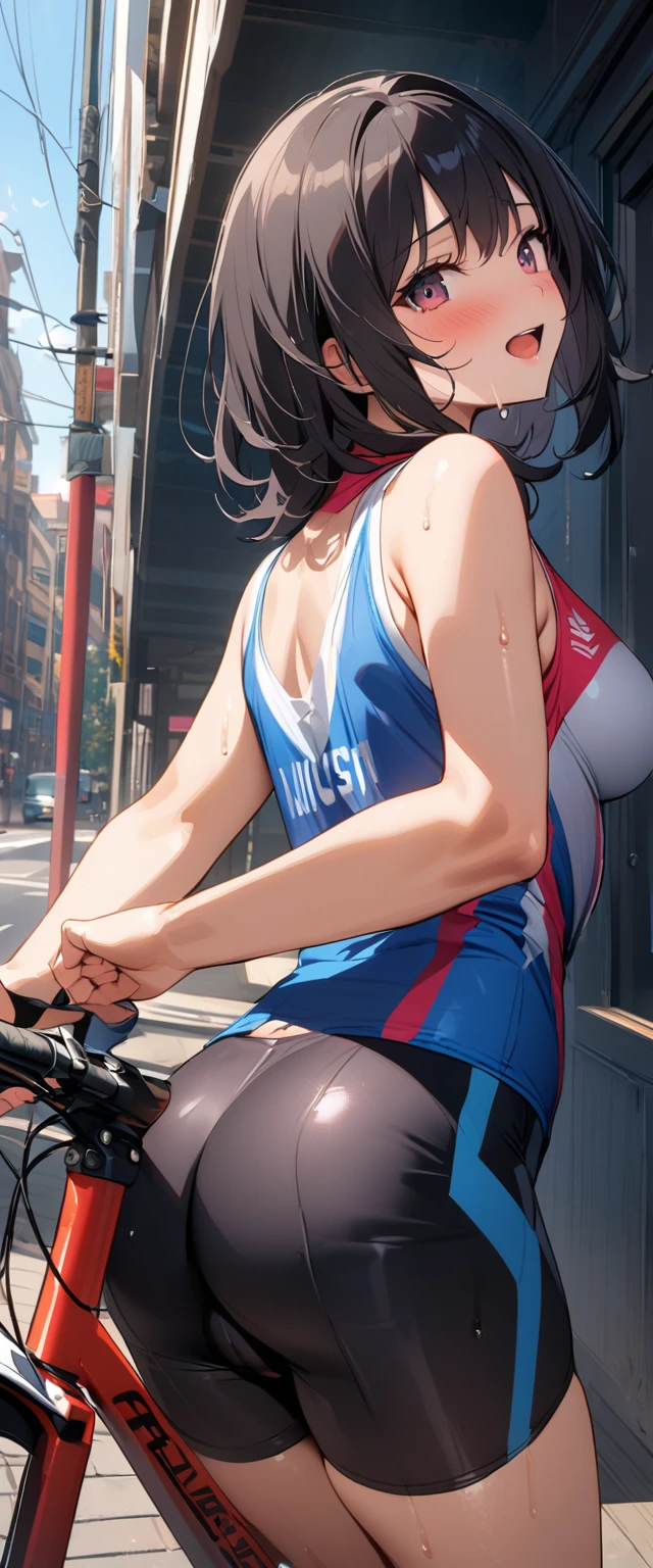 woman,20-year-old,,city,,(((Cycling Shorts))),,Laugh with your mouth closed,(See-through),(()),((Black Hair)),blush,,((Looking Back))(Wet with sweat)Reflecting the buttocks、Big Ass,Bicycle spats, Her pussy is visible、About spats、The saddle gets stuck between my legs