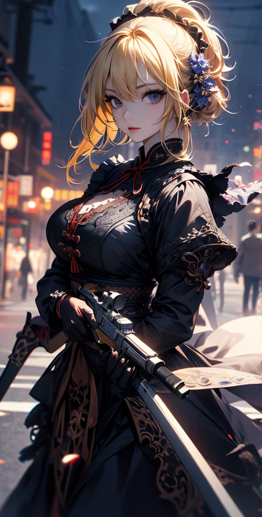 masterpiece, high quality, 4K, Beautiful design, silhouette,blonde, 非常に詳細な夜のStarry Sky,Flower Field, wonderful, Finer details, Very knowledgeable woman, Highly detailed solo, 1 female,Big Breasts,Red Gothic ta Fashion,2Hold the gun in front of your chest.,Night view,Starry Sky,full moon,