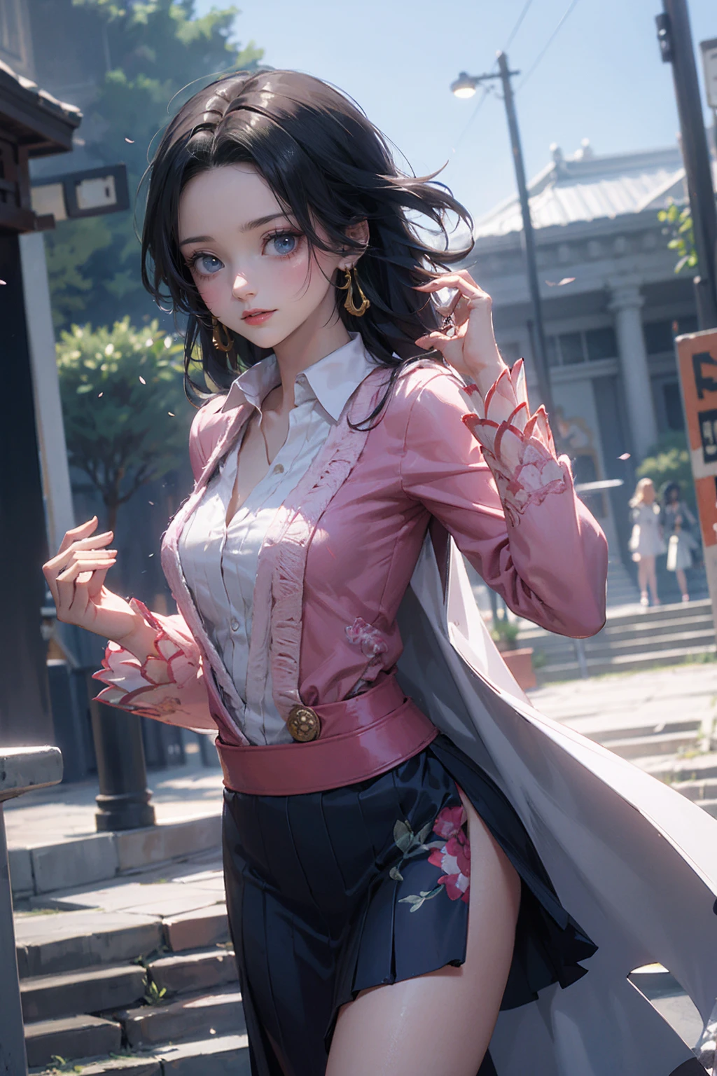 masterpiece, Best Quality, absurderes, Perfect Anatomy, Unity 8k Wallpapers,best anime,cowboy shot,20 year old beauty、boa hancock,black hair,long hair,center parted bangs,slender body,large breasts,a smile,shy look、Turn your body to the viewer,standing,、White long-sleeved shirt、collared shirt、Dark blue pleated mini skirt、outdoor、shrine、