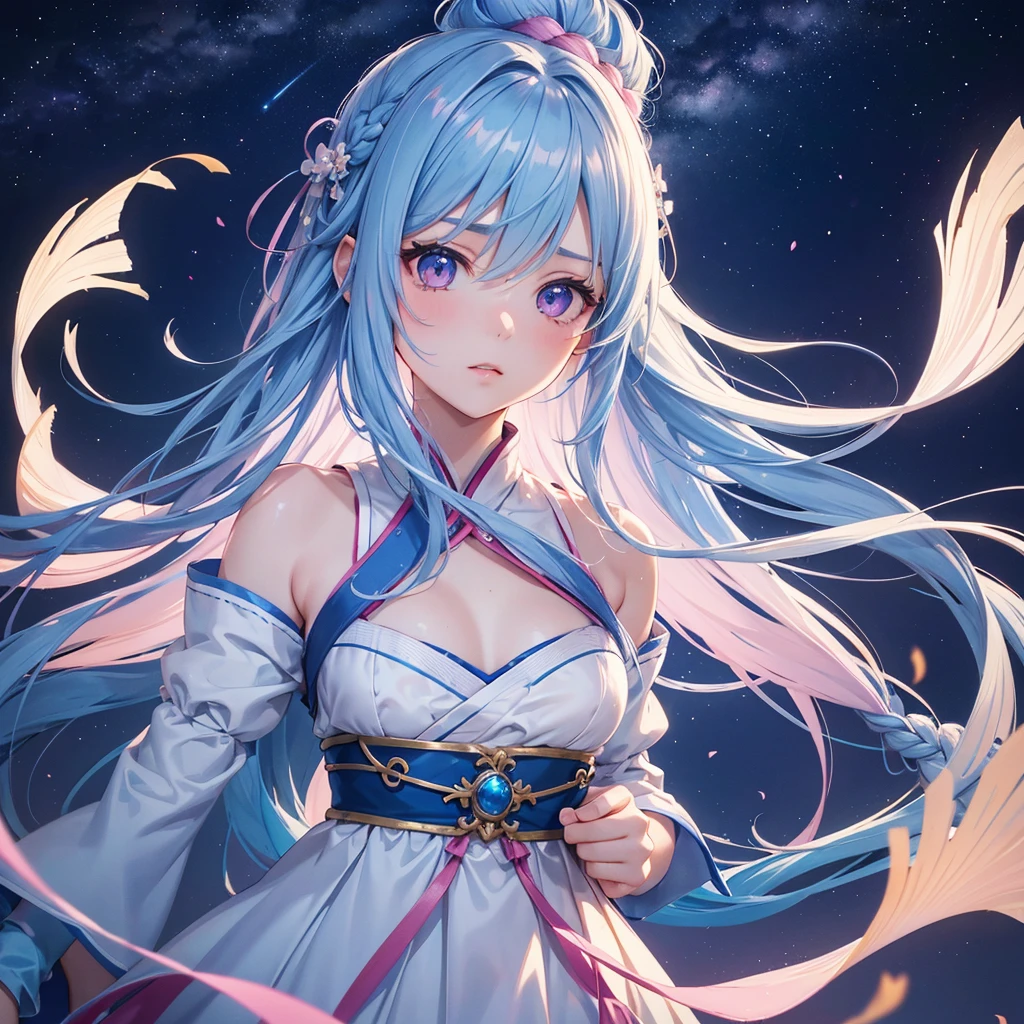 Sky blue hair,braid hair,Pink Eyes,Fair skin ,(whole body),(One girl),Hanfu,Tanabata,(The beautiful, sparkling Milky Way in the night sky),Lonely Eyes,,(masterpiece, Highest quality, Very detailed, Best Shadow), (Detailed Background), (Beautifully detailed face), High Contrast, (Best lighting, Very delicate and beautiful), ((Cinematic Light)), colorful, Hyper Detail, Dramatic Light, Intricate details,