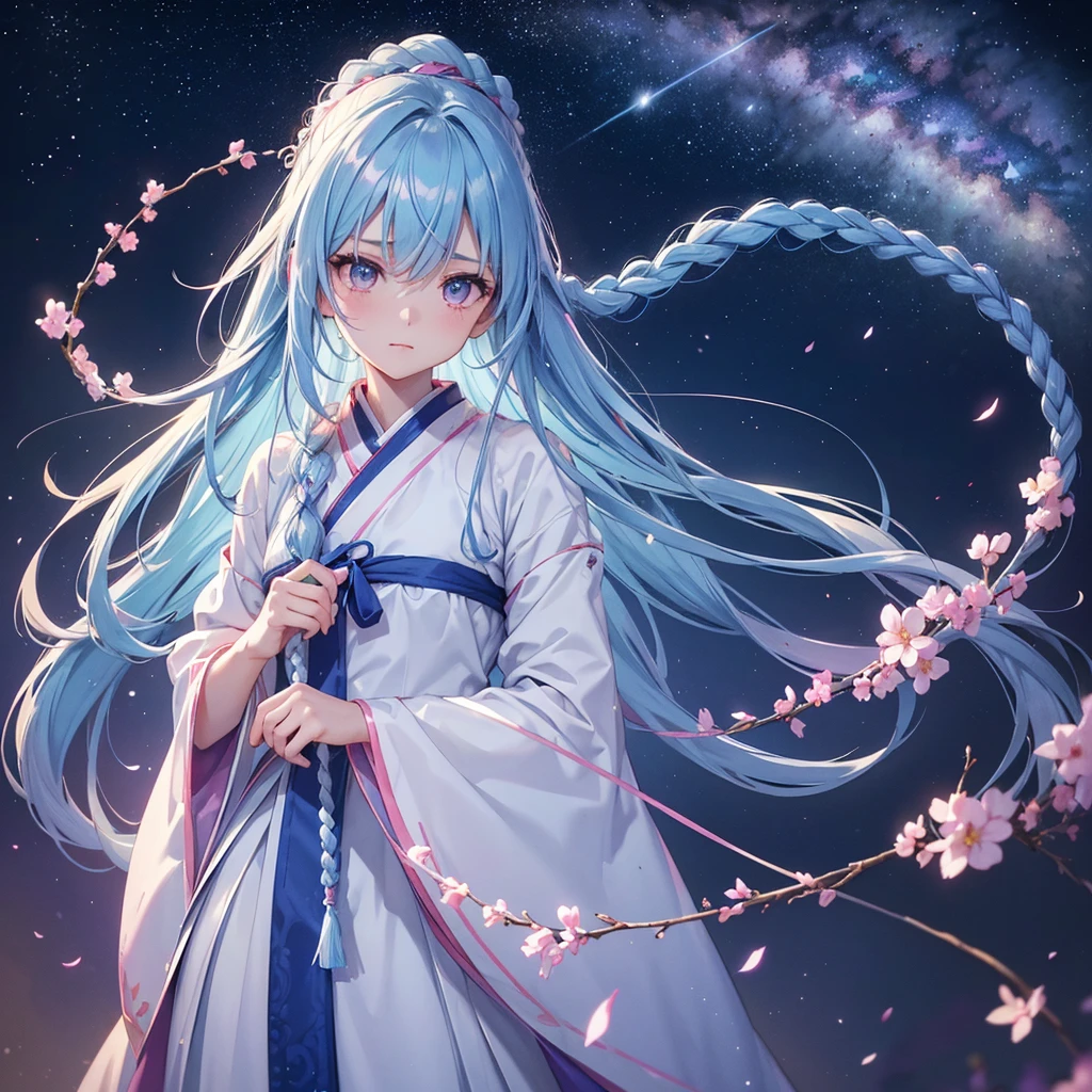 Sky blue hair,braid hair,Pink Eyes,Fair skin ,(whole body),(One girl),Hanfu,Tanabata,(The beautiful, sparkling Milky Way in the night sky),Lonely Eyes,,(masterpiece, Highest quality, Very detailed, Best Shadow), (Detailed Background), (Beautifully detailed face), High Contrast, (Best lighting, Very delicate and beautiful), ((Cinematic Light)), colorful, Hyper Detail, Dramatic Light, Intricate details,