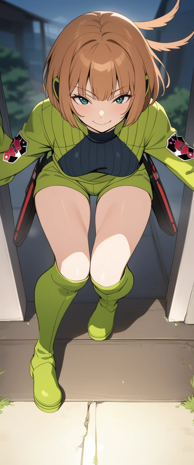 Konami,One girl,smile, View your viewers, Green jacket, gloves, Green shorts,Green footwear, masterpiece,Highest quality,TranT, (train interior), netorare, chikan, grabbing, hetero, pussy juices, molestation, public indecency, public use,faceless male fingering, 2boys, faceless male, assisted exposure,